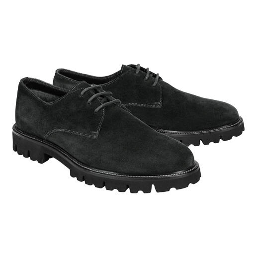 Donkergroene derby schoenen van suède met grove zool