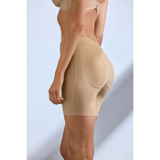 beige Beige Bum-Lift-shorts, van de zijkant gefotografeerd, benadrukt de contouren.