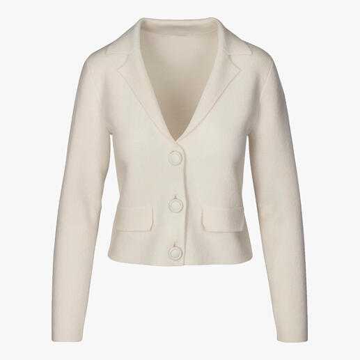 Junghans 1954 kasjmier blazer Correct als een klassiek geweven blazer. Comfortabel als een luxueuze kasjmier-cardigan.