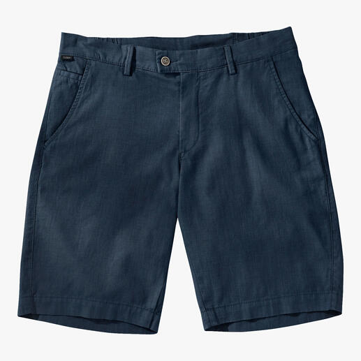 Donkerblauwe zakelijke linnen bermuda, met klassieke zakken en knoopsluiting.
