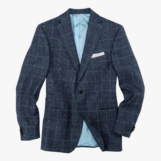 Carl Gross Panama-jack in blauw met grijze voering, casual gedrapeerd.