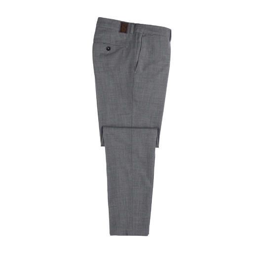 Zijaanzicht van de grijze Tropical-Wool-broek op een witte achtergrond.
