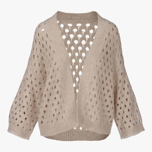 Beige kasjmier-linnen cardigan met ajourpatroon.