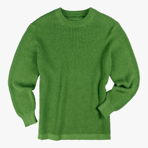 Groene wafeltrui in gestructureerde look, voorkant.