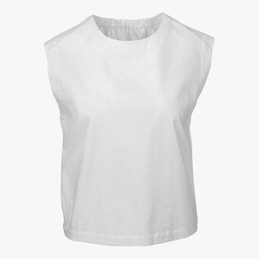 Wit, mouwloos blouse-shirt met gestructureerd oppervlak.
