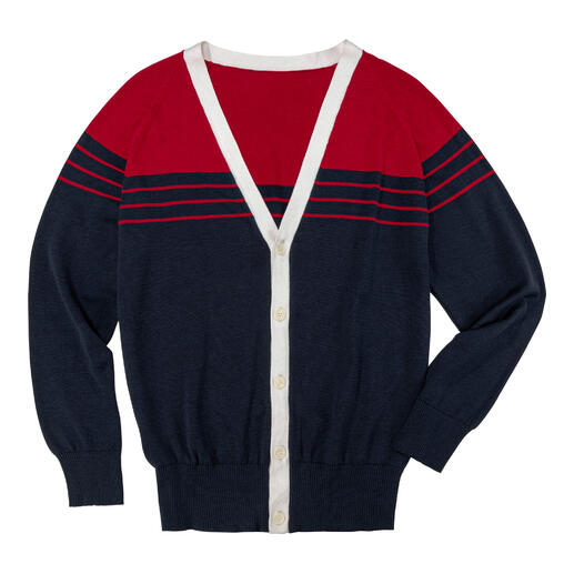 Maritieme zijden cardigan in marineblauw met rode strepen en V-hals, liggend op een witte achtergrond.