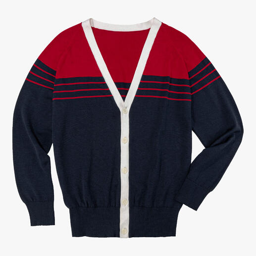 Maritieme zijden cardigan in marineblauw met rode strepen en V-hals, liggend op een witte achtergrond.