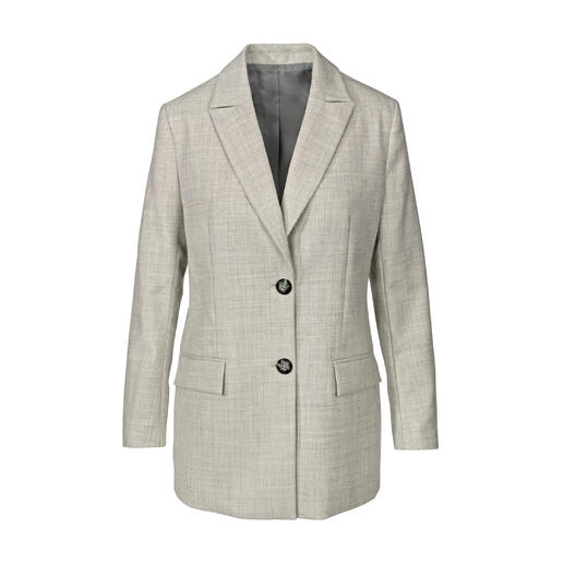 Grijze blazer met twee knopen op een witte achtergrond.
