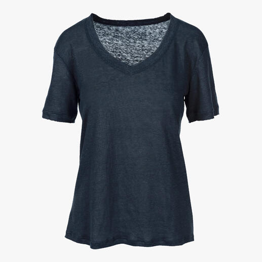 Zwart Edel-Linnen shirt met V-hals op een witte achtergrond.