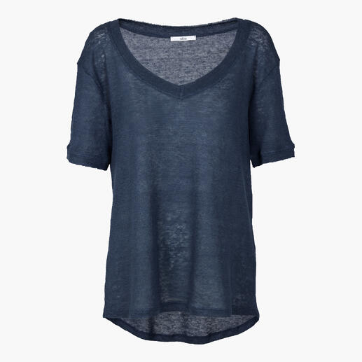 Donkerblauw linnen shirt in maat 36, toont de bovenkant.