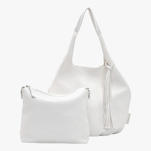 Witte soft-shopper met een extra klein tasje, op een witte achtergrond.