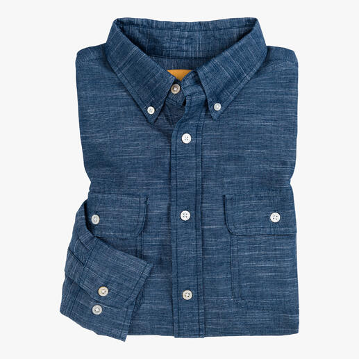 Geplooid blauw Indigo Madras hemd met borstzakken.