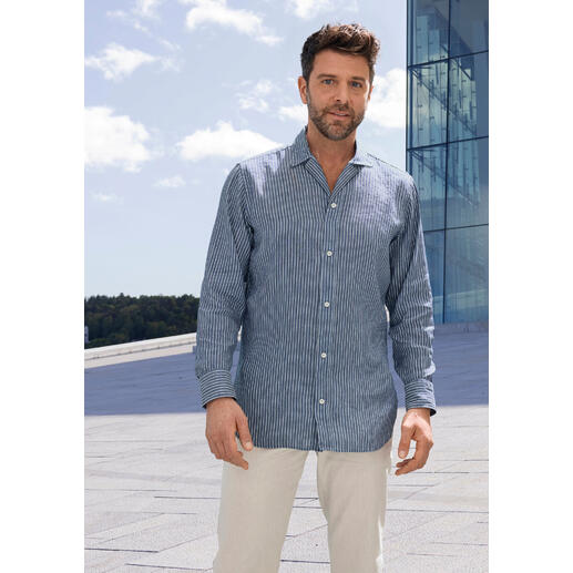 DU4 overhemd van linnen en Tencel Linnen-Tencel overhemd in blauw met fijne strepen