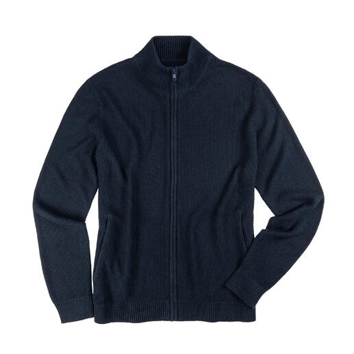 Navy Seiden-Klima cardigan op een witte achtergrond, met de rits geopend.