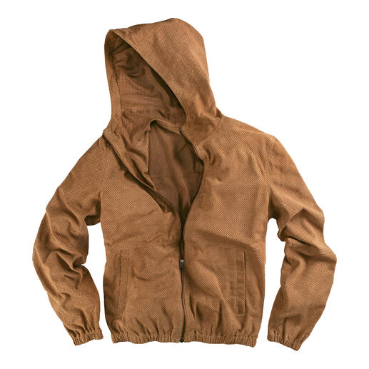 Bruine velours leren hoodie met geperforeerd patroon