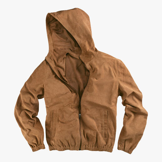 Bruine velours leren hoodie met geperforeerd patroon