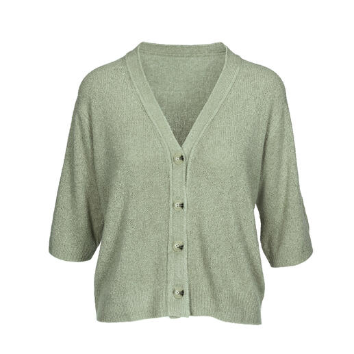 Groene zijden bouclé cardigan met V-hals en vijf knopen.