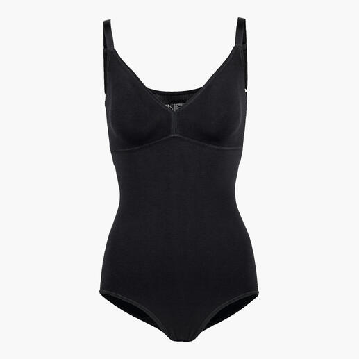 Zwarte Pima-Shape-body in maat 36-38 met spaghettibandjes.