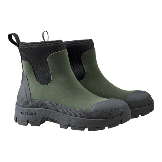 Twee khaki neopreen Chelsea boots met zwarte zool.