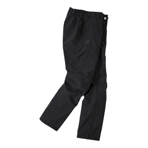 Zwarte hardshell broek met elastische tailleband.