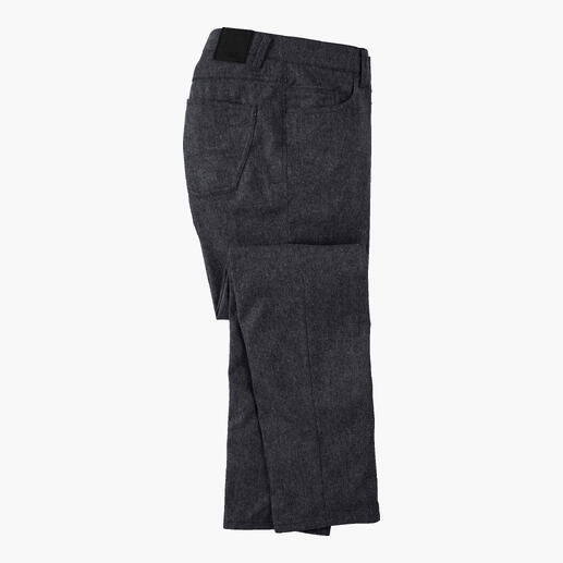 Anthracietkleurige kasjmier five-pocket broek, zijaanzicht.