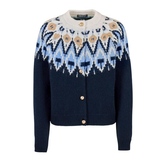 Donkerblauwe Noorse cardigan met patronen, formele stijl.