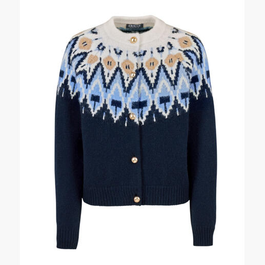 Donkerblauwe Noorse cardigan met patronen, formele stijl.