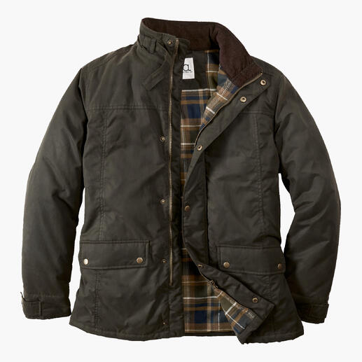 Olijfgroene Oilskin-Outdoorjas met gekarodeerd patroon aan de binnenkant en knopen.