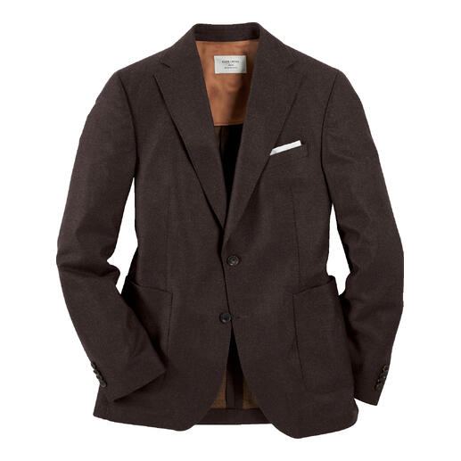 Bruine fijnvilt blazer op een witte achtergrond.
