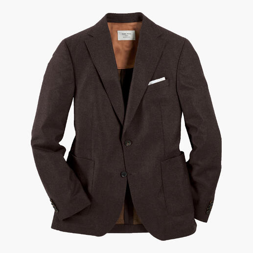 Bruine fijnvilt blazer op een witte achtergrond.