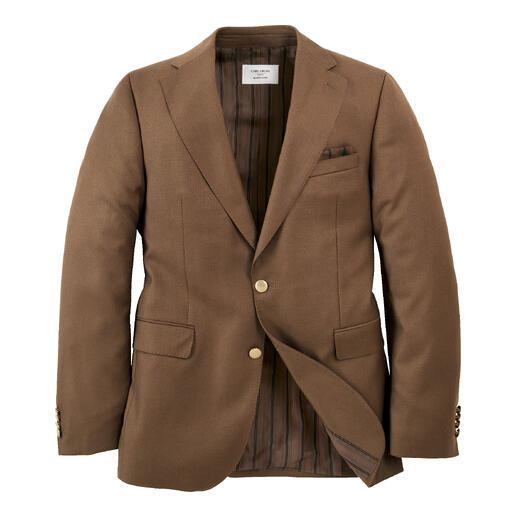 Open bruine blazer op een witte achtergrond met de binnenkant zichtbaar.