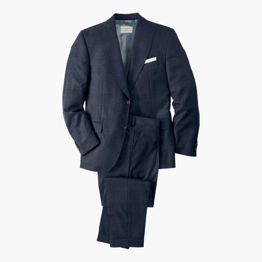 Donkerblauw colbert en broek in een gestapelde opstelling op een witte achtergrond.
