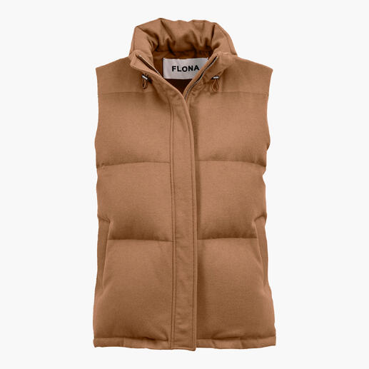 Camelkleurige wolmix donnenvest in maat 36.