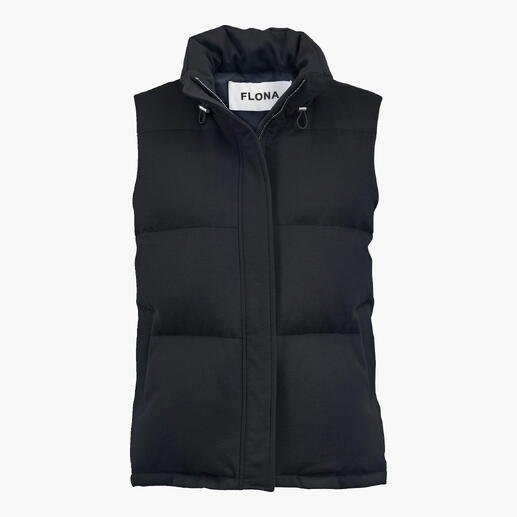 FLONA donzen bodywarmer van een elegante wolmix Donzen bodywarmer voor een elegante look: met bijzonder bovenmateriaal van een luxueuze wolmix. Zwarte donzen vest zonder mouwen met rits.