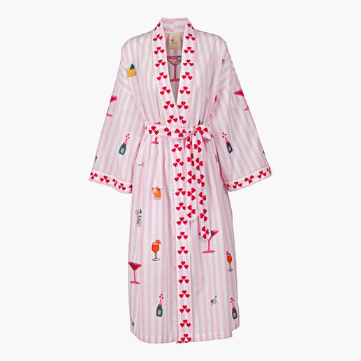 Nimo With Love sleepover-set In een set met een slaapmasker en bijpassende tas. Ideaal als cadeau. Roze badjas met cocktailmotief op een gestreepte achtergrond