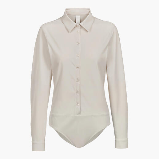 Beige blouse body met lange mouwen en knopen.