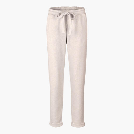 Beige sweatpants met een elastische tailleband op een witte achtergrond.