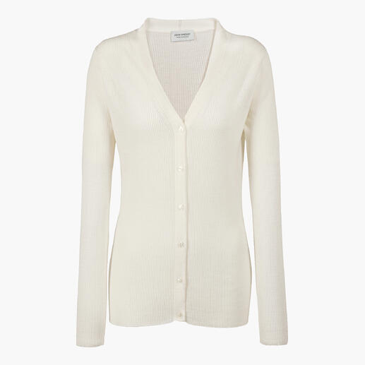 Beige cardigan met V-hals en knopen.