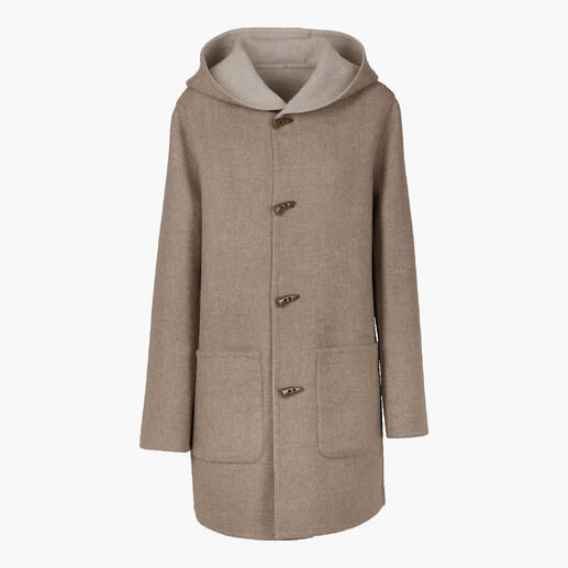 Beige Alpaca Doubleface Dufflecoat met capuchon in volle omvang.