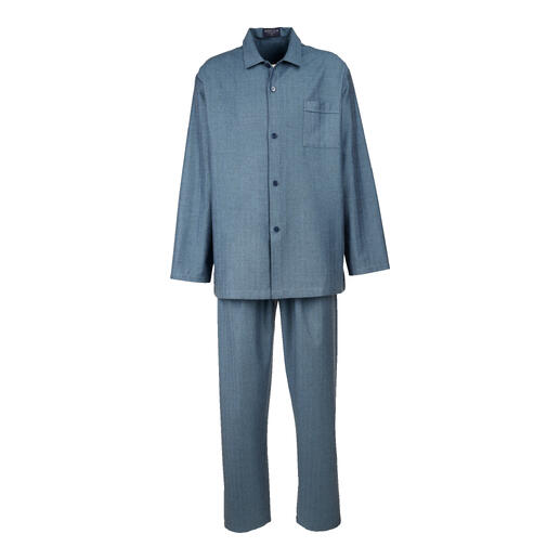 Complete flanellen pyjama in blau met visgraatmotief.