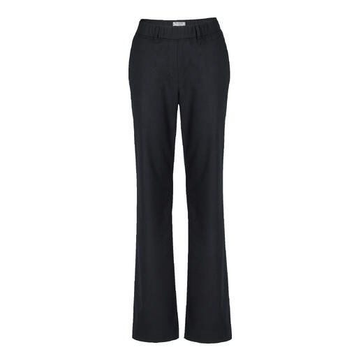 Marineblauwe lyocell-wollen broek in staande positie met elastische taille.