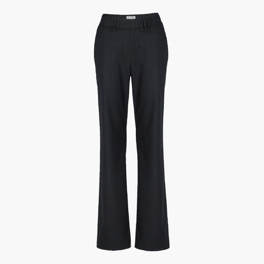 Marineblauwe lyocell-wollen broek in staande positie met elastische taille.