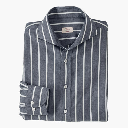 Gestreept grijs-blauw DU4 lyocell-flanellen overhemd op tafel gevouwen, maat 38