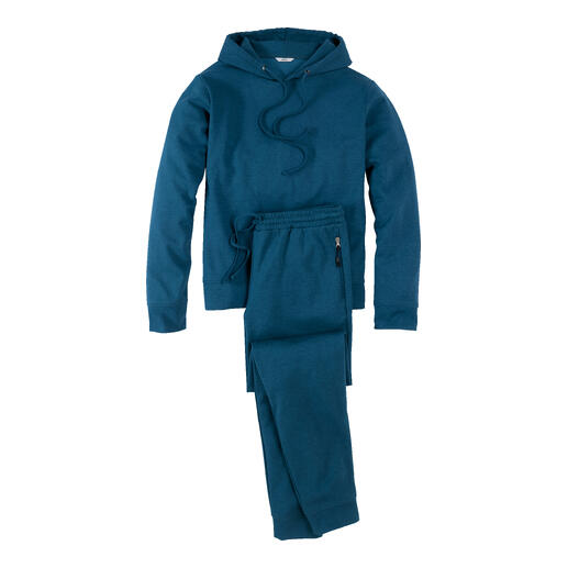 Tealkleurig cashmere-katoenen loungewear-pak op een witte achtergrond.
