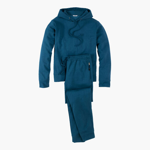Loungepak van kasjmier en katoen 10% kasjmier. 100% comfort. Tealkleurig cashmere-katoenen loungewear-pak op een witte achtergrond.