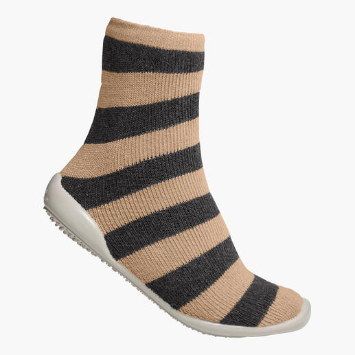Beige-grijze gestreepte huissock met antislip zool.