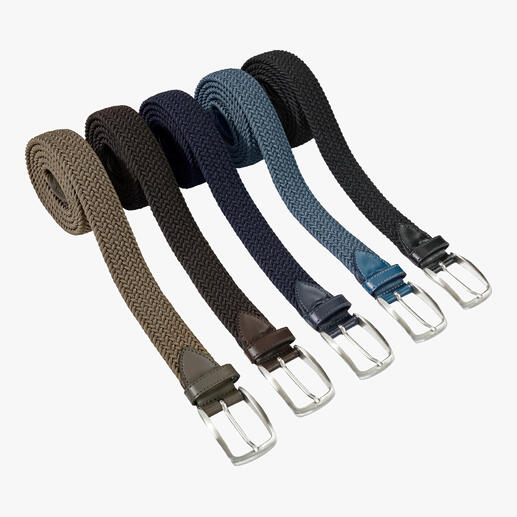 Vijf elastische riemen in bruin, blauw, donkerblauw, zwart en grijs met zilveren gesp.