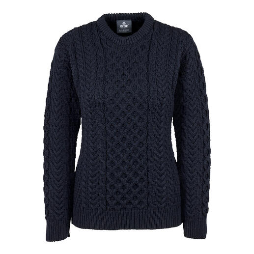 Marineblauwe Merino-Aran trui voor dames met klassieke snit
