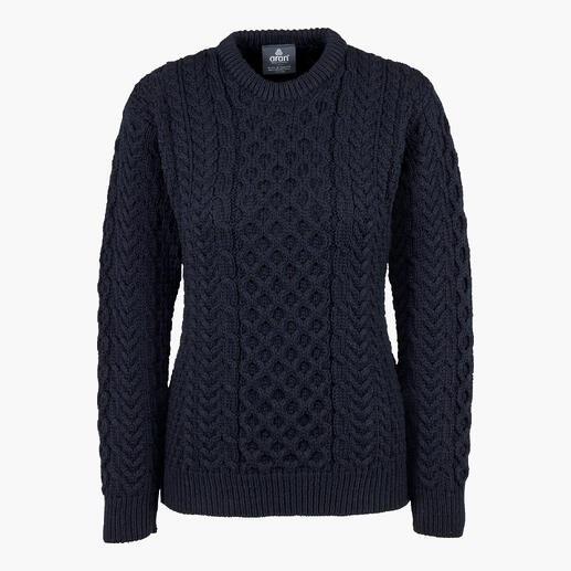 Marineblauwe Merino-Aran trui voor dames met klassieke snit