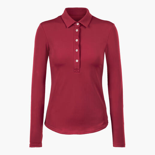 Rode winterpoloshirt met lange mouwen en knoopsluiting.